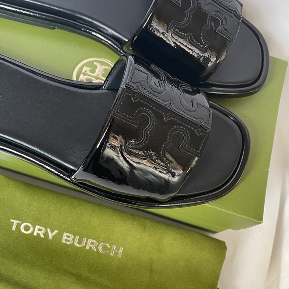 Tory Burch Double T Sport Slide Patent Leather Black Size 7 - Picture 2 of 11